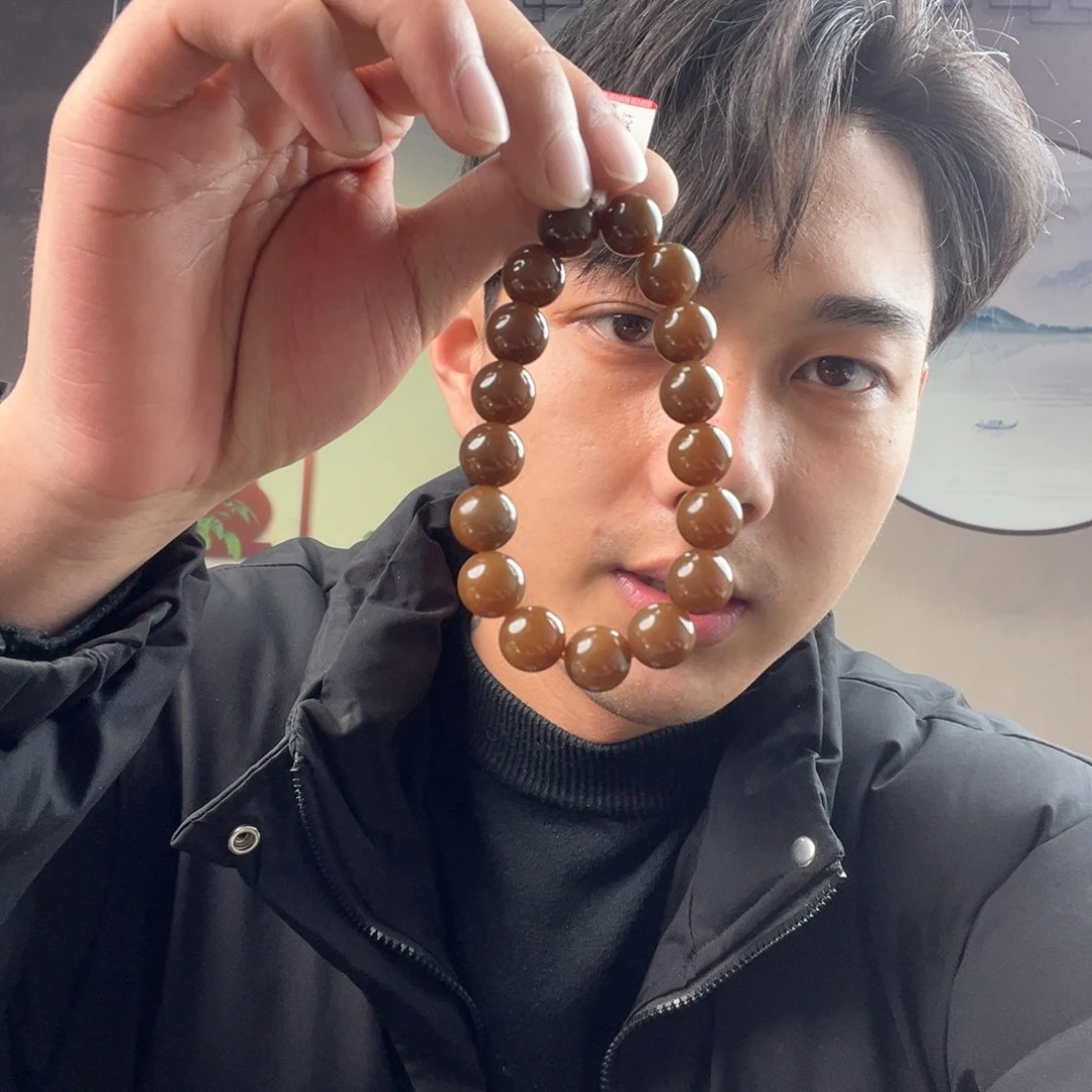 和田玉手链未镶嵌纯天然新疆和田玉且末金山老红糖12mm