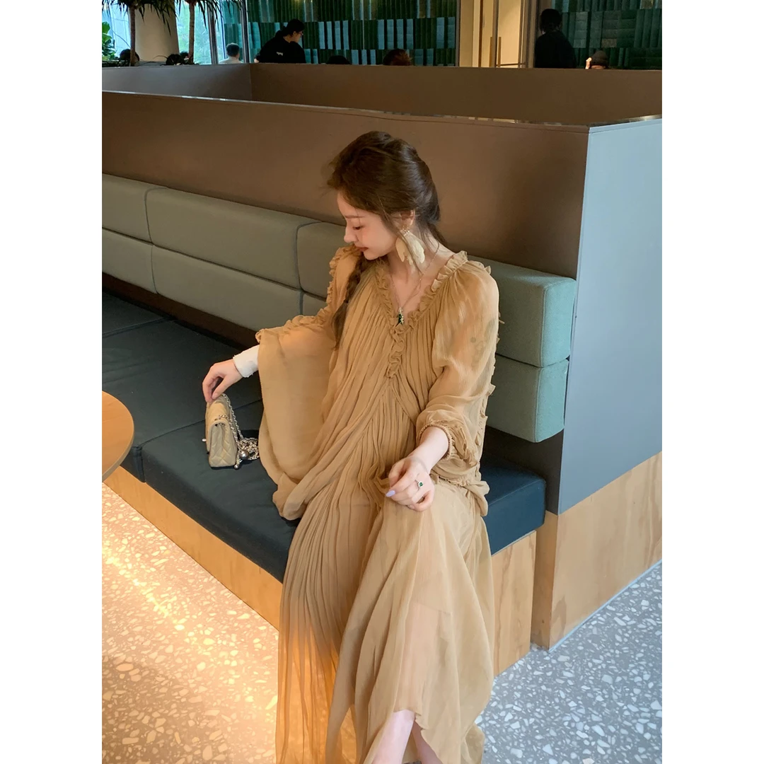 崔与熙|CUIXI【南洋贵妇】木耳边轻纱法式显瘦气质连衣裙长裙