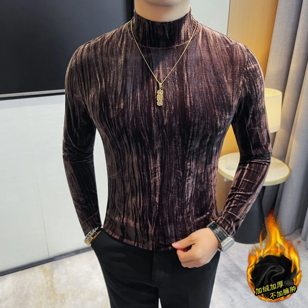 加绒加厚半高领长袖T恤男士2025冬季新款金丝绒高级感修身打底衫