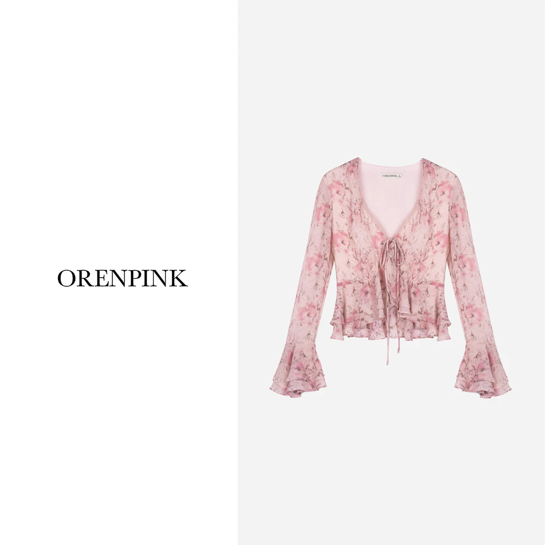 OREN PINK/奥粉25年新款”粉黛花影“系带双层喇叭袖女装开衫小上衣
