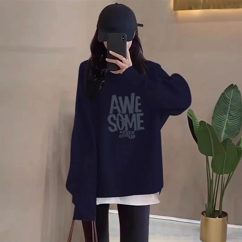 假两件圆领卫衣女2025秋冬新款韩版宽松中长款遮屁股加绒加厚上衣