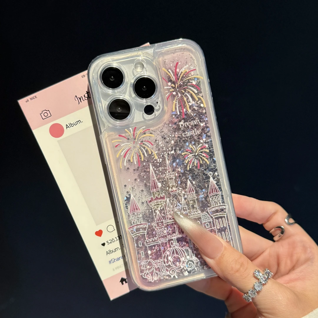 奥菲顿粉晕烟花城堡适用iphone16流沙手机壳华为vivo小米15oppo套