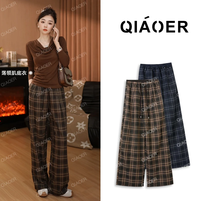 乔儿定制【彩格裤】松紧高腰显瘦休闲裤女时尚复古格子裤潮流直筒裤