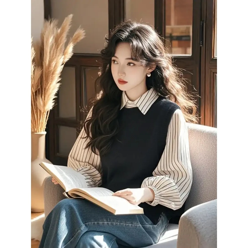 今年流行爆款超好看独特漂亮洋气减龄白色条纹撞色假两件衬衫女春