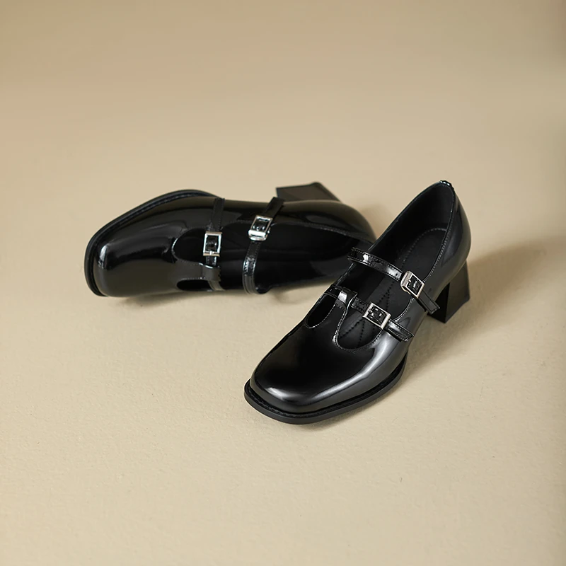 H31-68春季时尚中跟女士单鞋百搭黑色粗跟真皮玛丽珍方头跟鞋
