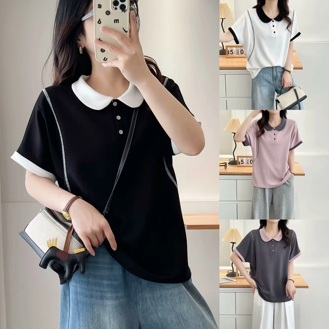 大码女装110-200斤夏季新款休闲设计感T恤明线气质显瘦百搭短袖