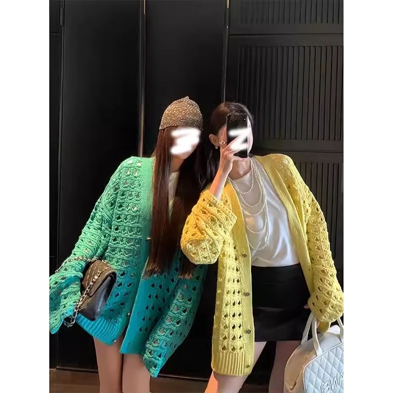 设计感v领镂空针织衫女秋冬软糯宽松毛衣外套复古长袖开衫上衣