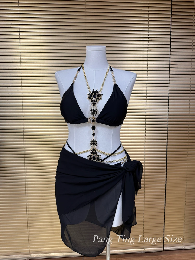 胖婷大码定制胖mm「性感美杜莎」大码欧美挂脖分体链条比基尼泳衣