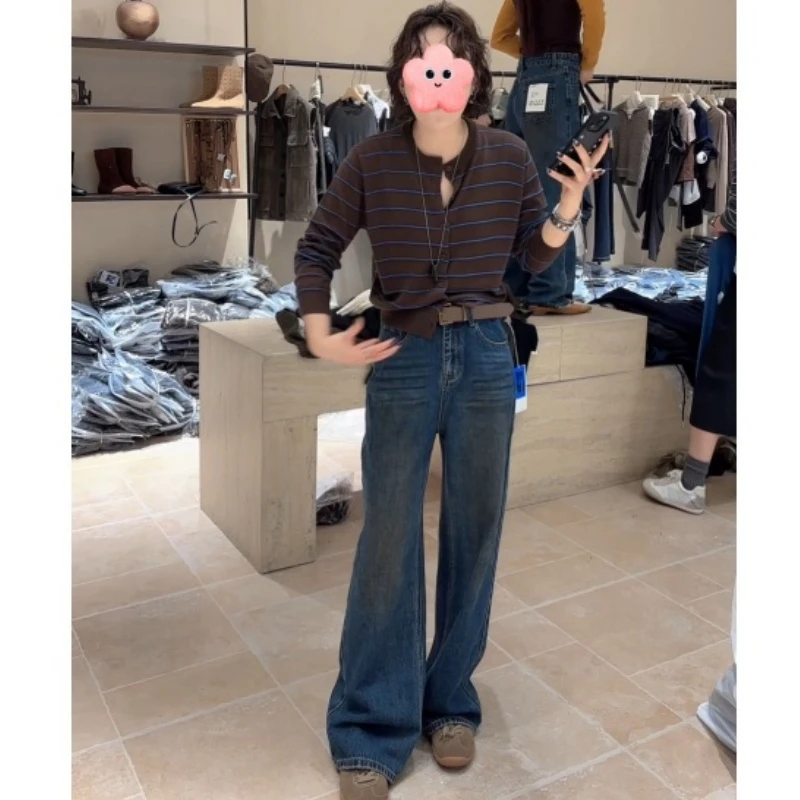 秋季显瘦长袖条纹开衫+高腰窄版牛仔直筒裤LK2505996