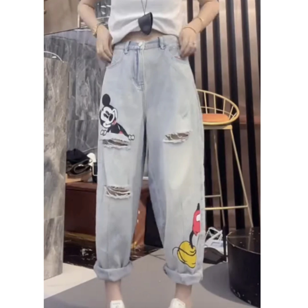 2025夏季新款高腰显瘦大码阔腿显瘦新款米奇超薄牛仔九分裤