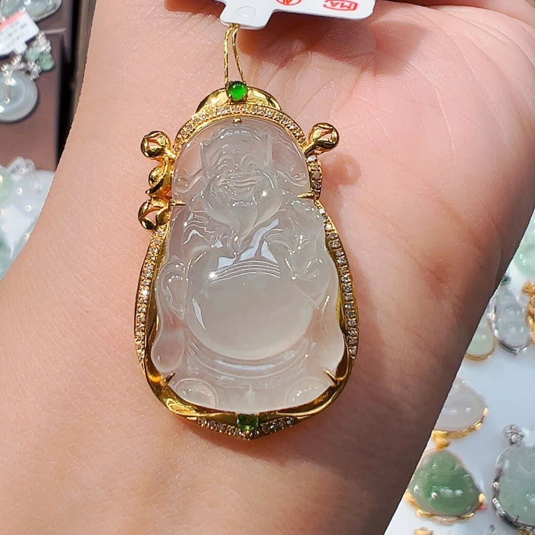 翡翠18K金镶嵌吊坠(不含链)财神爷