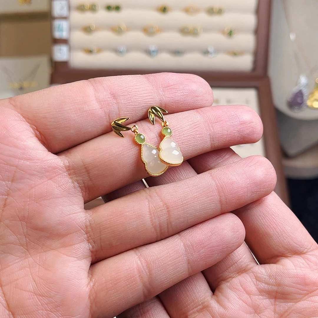 和田玉（白玉）耳饰银S925镶嵌?****心葫芦