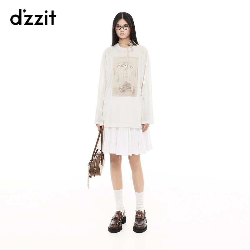 dzzit地素半身裙春秋少女风垂感白色针织百褶伞裙女3J1E7041B