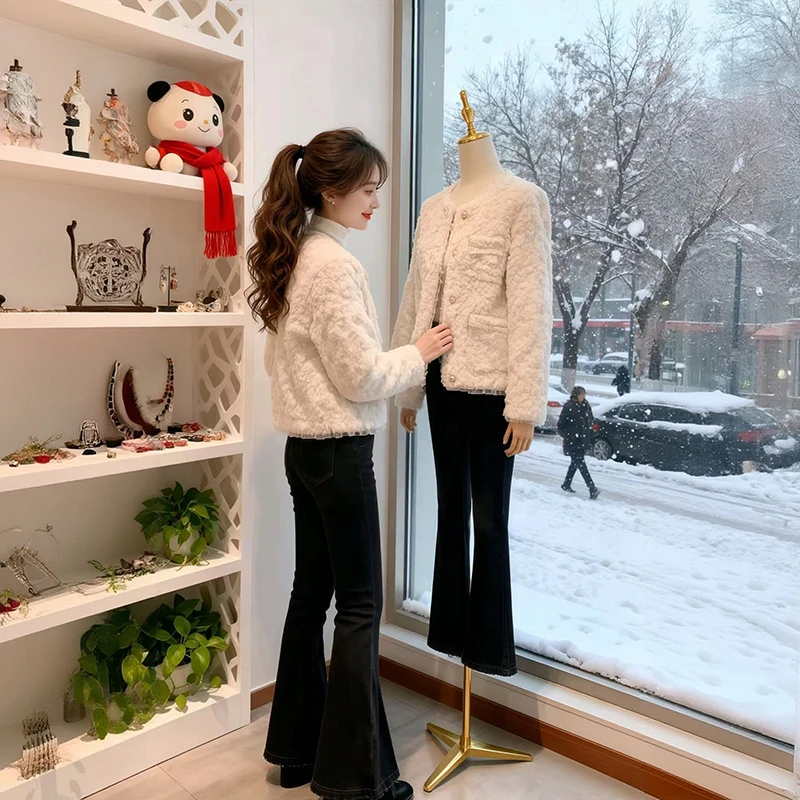 法式名媛小香风外套女2025秋冬新款高级感时尚加厚夹棉毛绒上衣潮