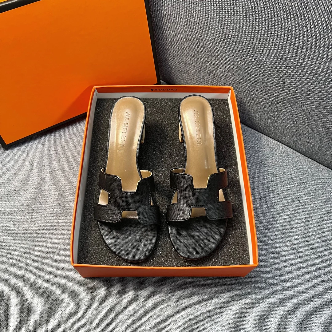 高跟H拖鞋真皮时尚凉拖鞋女夏外穿中粗跟一字拖