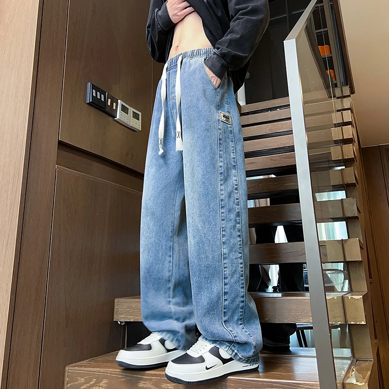 春季水洗软牛仔裤青少年大童阔腿裤百搭复古宽松休闲裤潮流