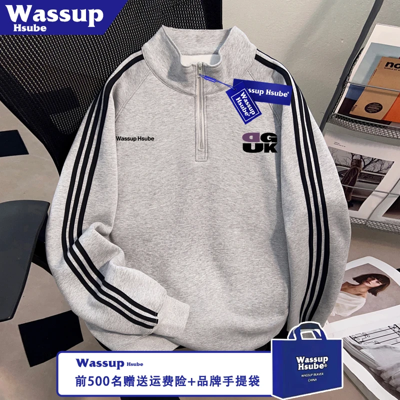 WASSUP HSUBE简约字母印花半拉链卫衣秋季柔软开衫男女新颖风上衣