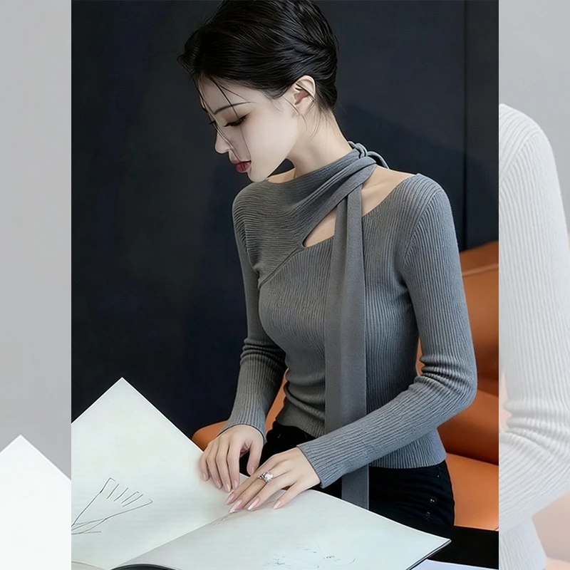 独特漂亮内搭挂脖小衫灰色打底针织衫洋气高贵百搭上衣女装秋冬季