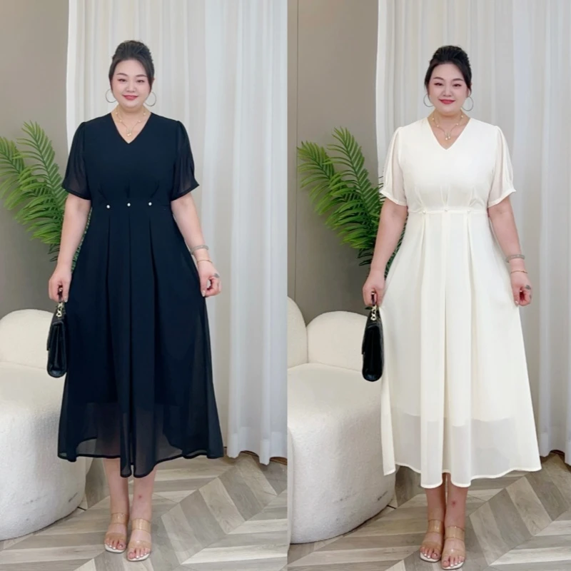 【现货梅姐定制】夏季简约v领捏褶时尚气质大码连衣裙MJ9375