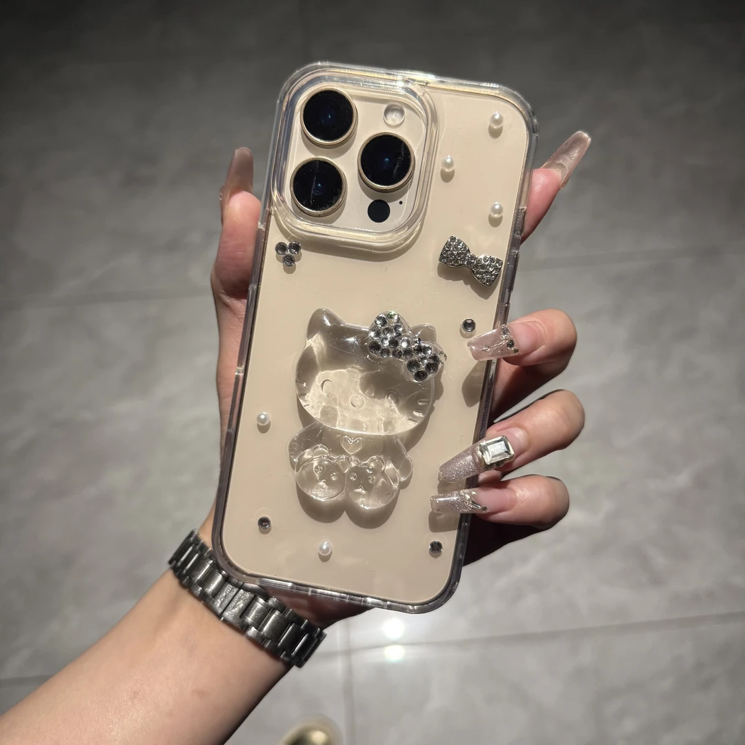 可爱立体水晶KT猫适用于iPhone15珍珠16pro防摔16promax壳