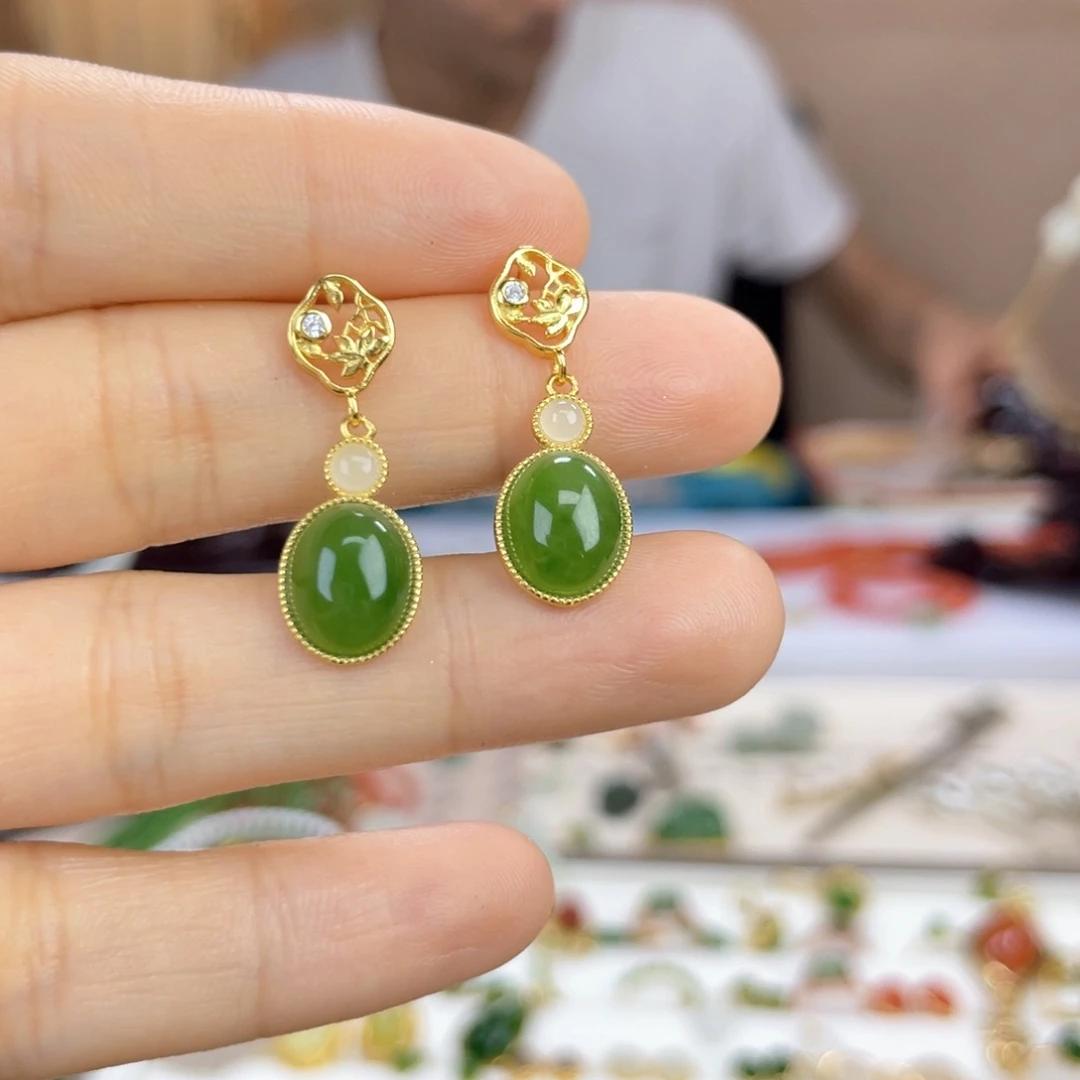 和田玉银S925镶嵌耳饰