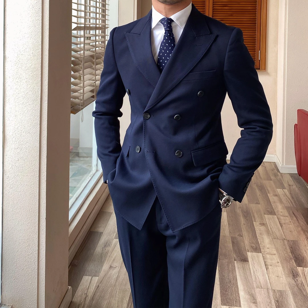 潮牌精品男士商务正装纯色修身双排扣西服两件套大气简约西装