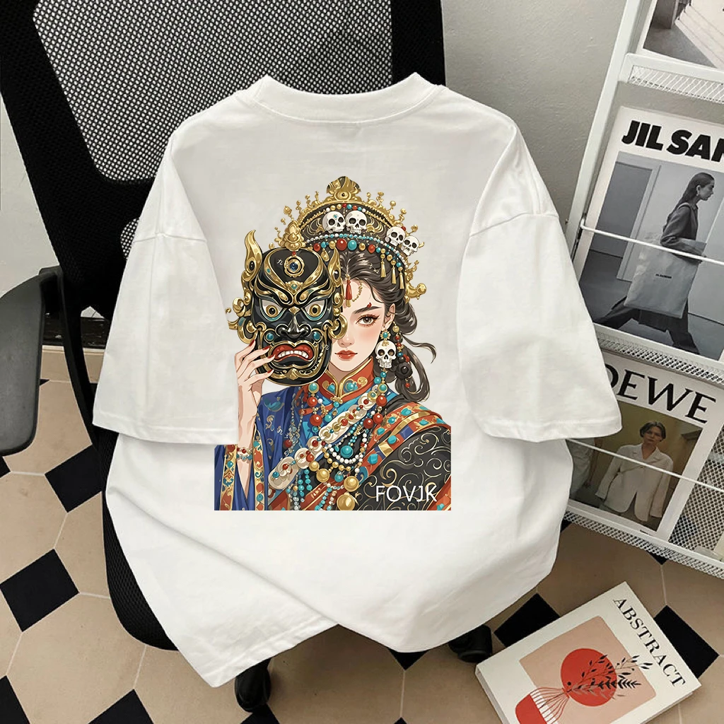 100%纯棉重磅美式高街蒙面女王印花短袖t恤男女同款流行宽松上衣