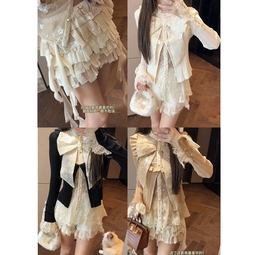 【mimius】U 25早秋繁复宫廷风蕾丝衬衫+开衫+裙裤（松紧腰）G07023