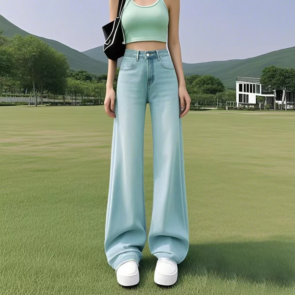高腰薄款水洗ins风时尚夏季宽松弹力春夏季不贴腿微喇牛仔裤裤子