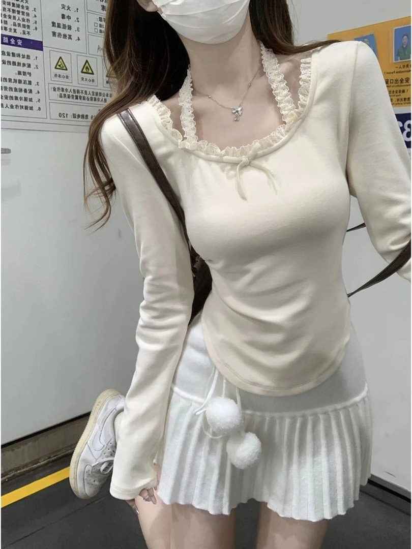 【现货+运费险补贴】2025早秋爆款修身设计感蕾丝蝴蝶结挂脖长袖T恤