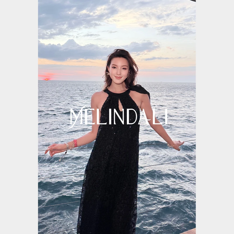 Melinda Li【黑月光】神秘魅影黑蕾丝花纹亮片绣网纱挂脖连衣裙