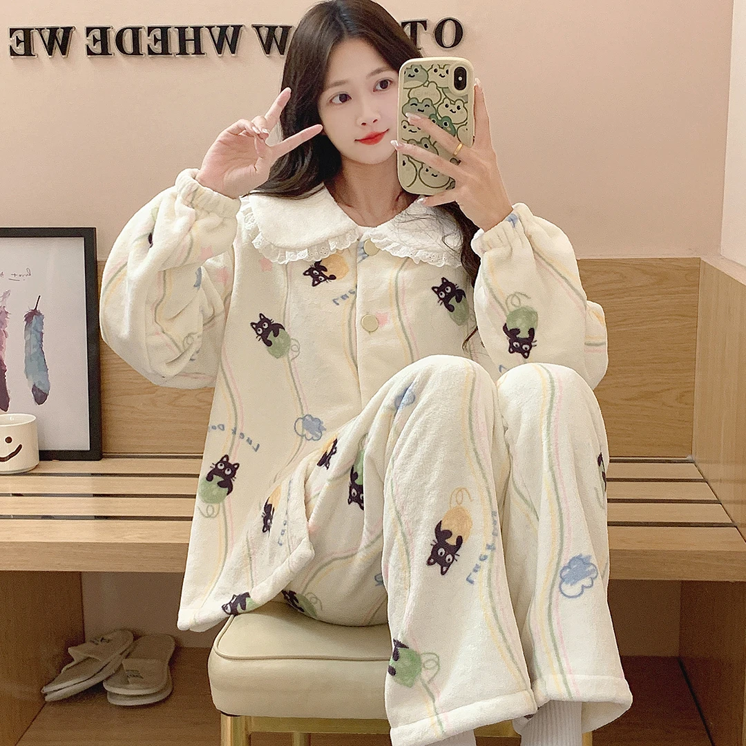 珊瑚绒睡衣女秋冬季甜美可爱2025年新款加绒加厚法兰绒家居服套装