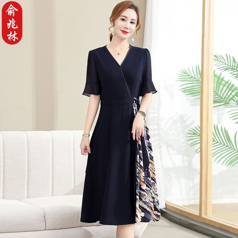 俞兆林中年妈妈夏装洋气连衣裙2025新款中老年女夏季短袖雪纺裙子