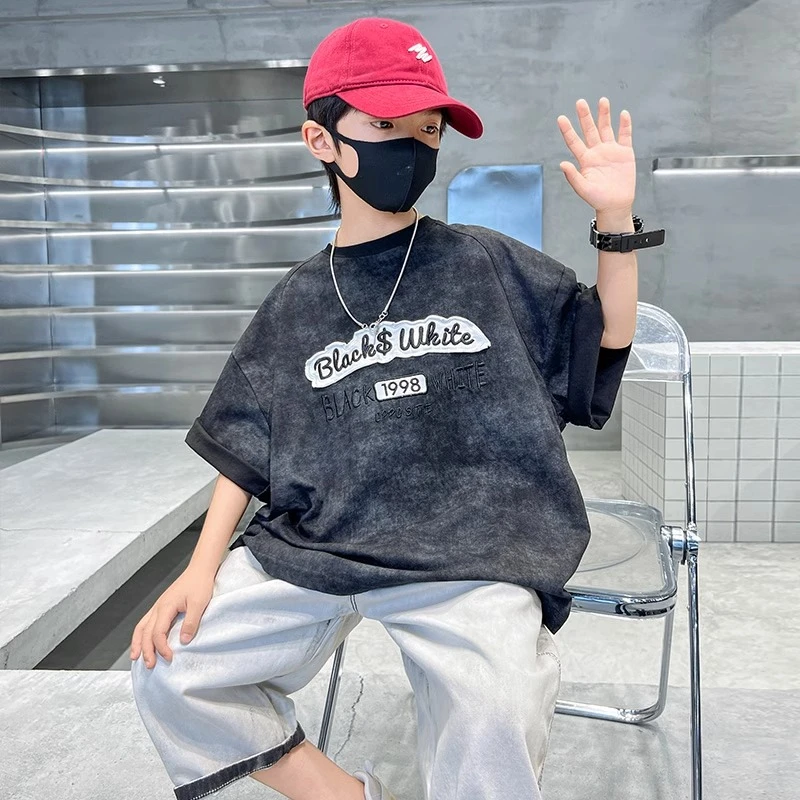 男童复古短袖T夏装2025新款儿童夏季中大童男孩夏款纯色百搭短袖T