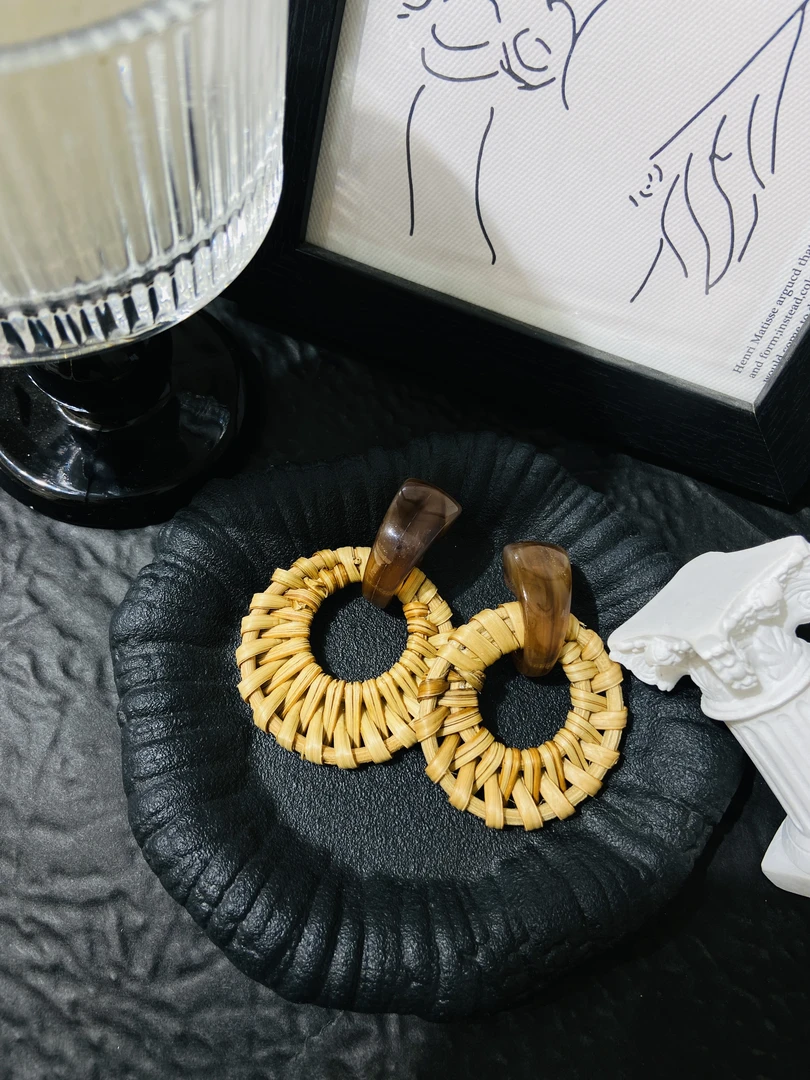 非金属木质耳饰 非金属耳环 LARVINA藤编耳环