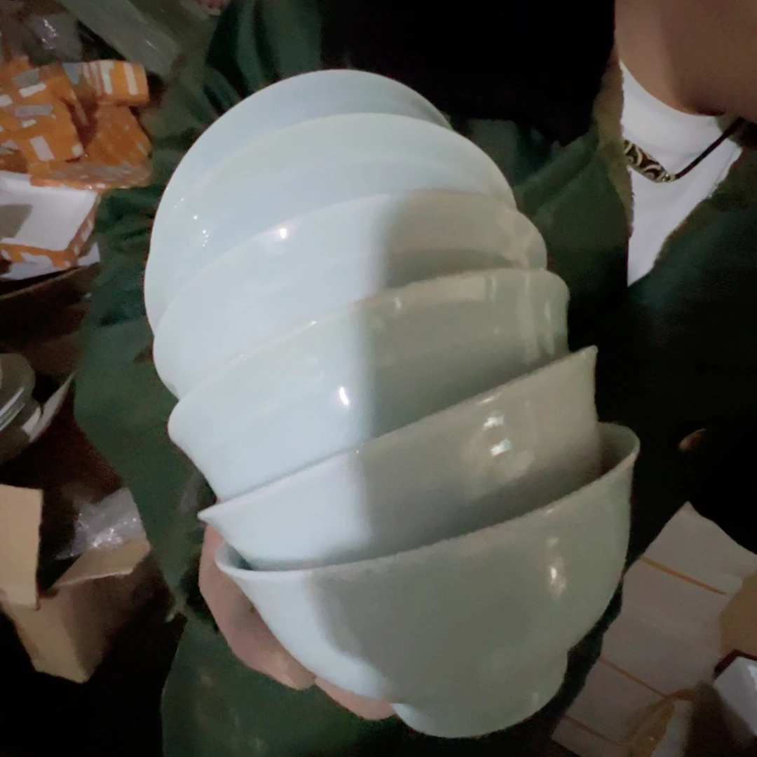 瓷景德镇高温陶瓷深影青护边米饭碗6个