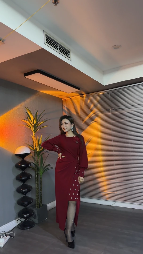 时装款拼接连衣裙302（显瘦气质长款长袖时尚国风开叉修身）