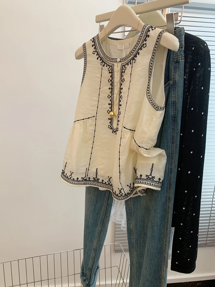 刺绣工字吊带背心外穿女士宽肩带无袖上衣设计感小众2025新款