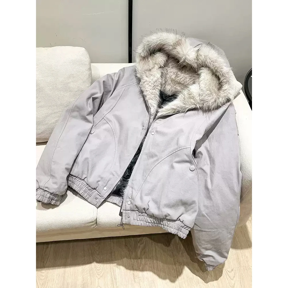 座山雕国潮美式复古棉服外套夹棉加绒水洗厚毛领连帽短款潮服棉衣