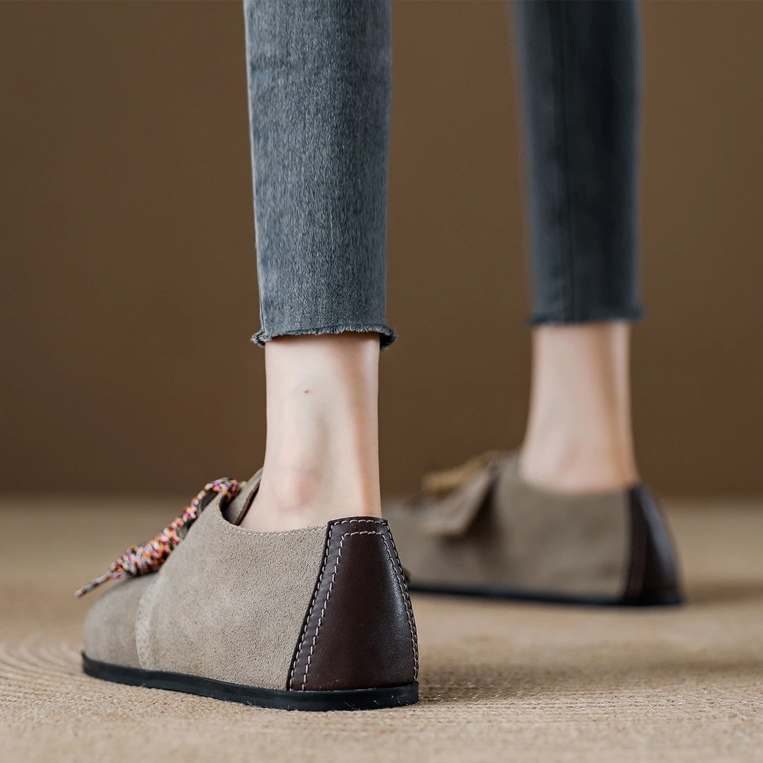 真皮博肯鞋女系带洋气灰色勃肯鞋女全包圆头单鞋2025秋季新款女鞋