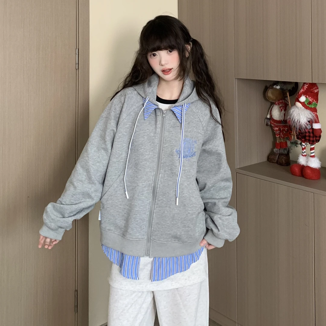 EZEK春季新款2025美式街头复古假两件宽松连帽外套开衫学院情侣潮