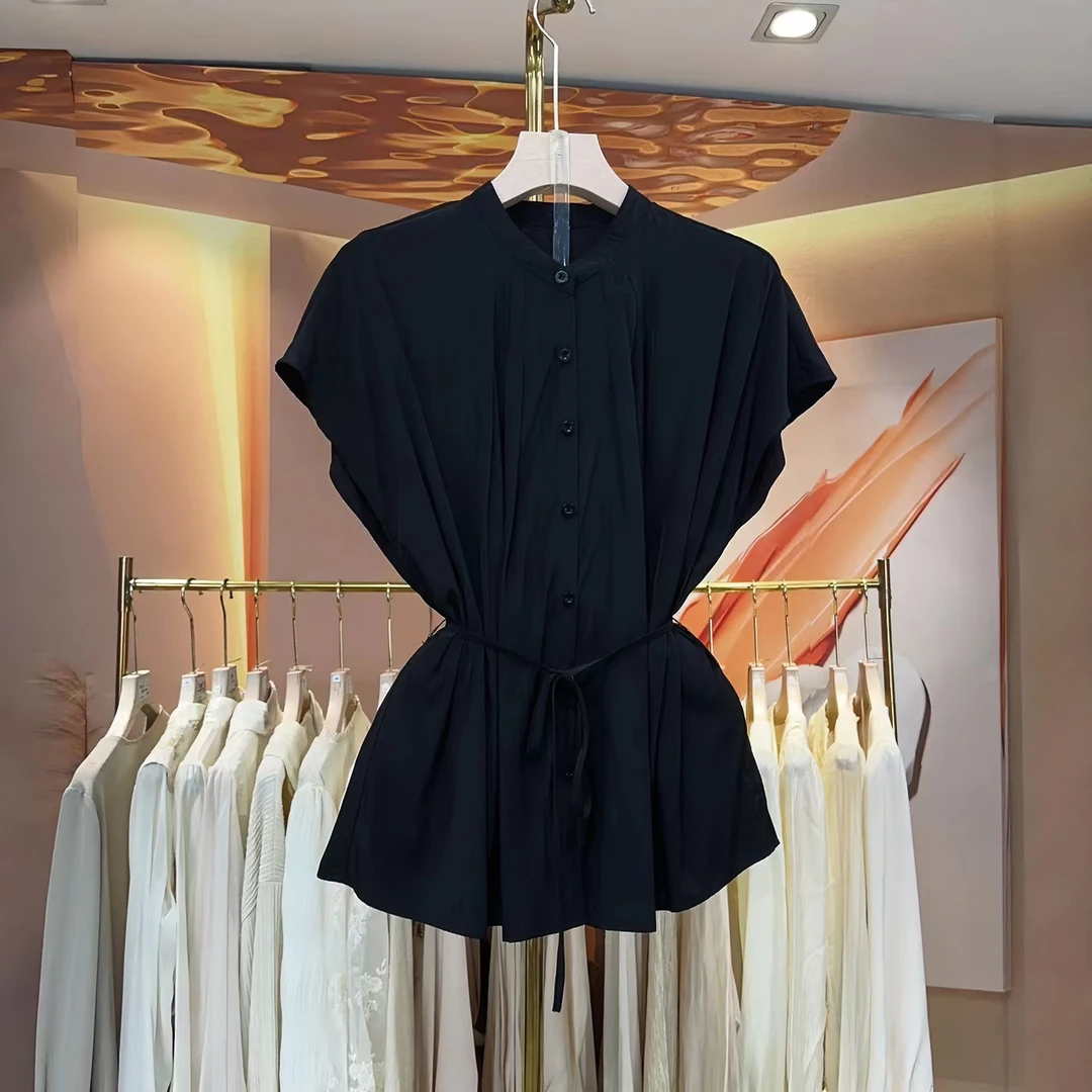 现货【RG363】2025年新款女装设计师小衫短袖系带遮肉优雅气质衬衫