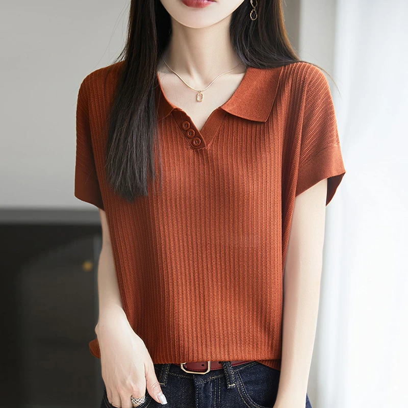 【100天丝莱赛尔】时尚翻领短袖t恤女夏季新款洋气显瘦针织上衣5127