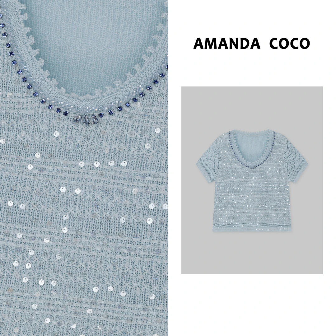 灿灿#云间浅夏～重工串钻人鱼姬亮片时髦v领短袖针织