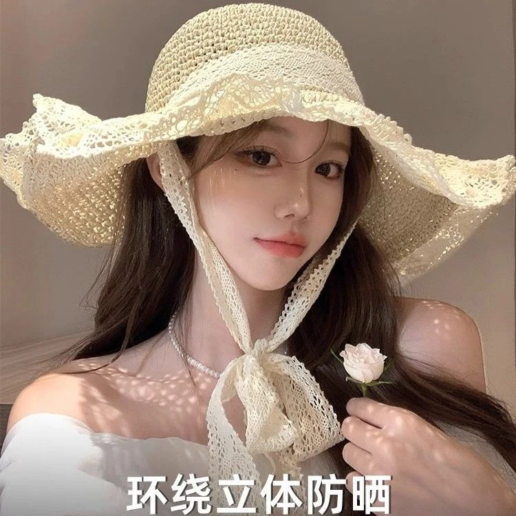 2025夏季ins镂空草编帽时尚甜妹出游防晒沙滩帽蕾丝遮阳帽网红