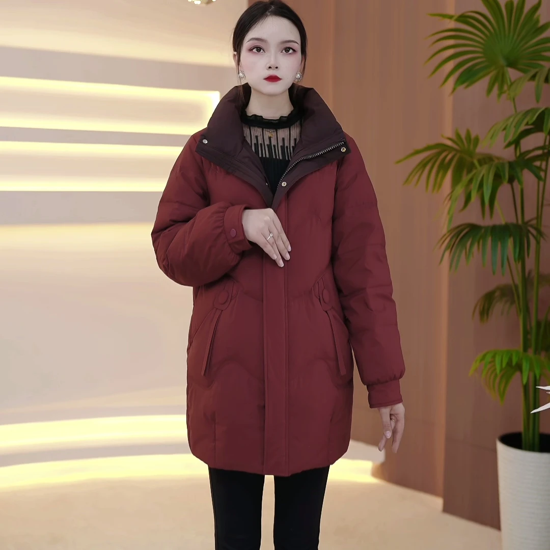 新款冬季女士时尚拼接宽松显瘦韩版立领中长款白鸭绒保暖羽绒服