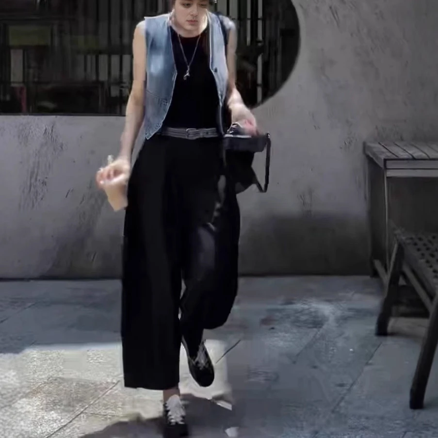 欧货2025夏季新款时髦中性风帅气减龄纯色牛仔马甲高腰长裤两件套