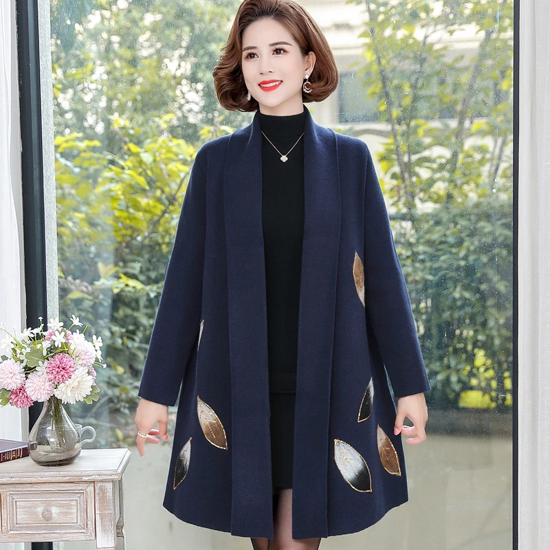 中老年人妈妈中长款呢子大衣女装毛呢洋气外套羊毛春秋针织开衫新