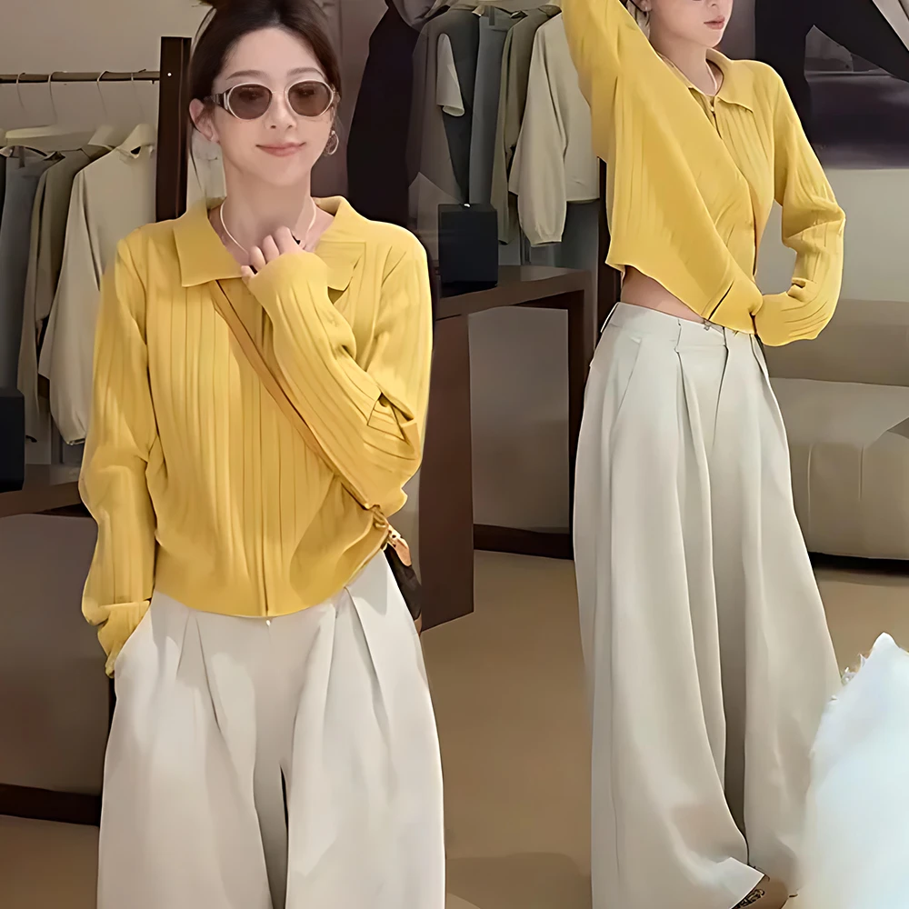 网红洋气炸街女装秋冬轻熟风时尚套装黄色上衣杏色裤子套装两件套