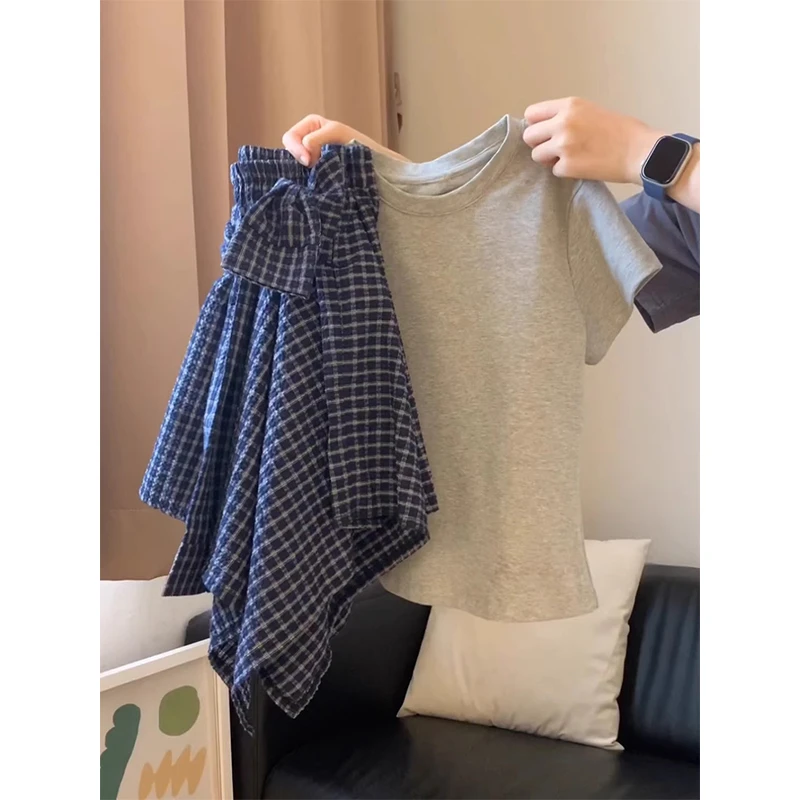 韩系辣妹套装女简约纯色正肩短袖上衣格纹绑带半身短裙夏季两件套